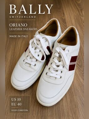 Bally Oriano Leather Sneakers White Red Stripe Made in Italy US 10 EU 40